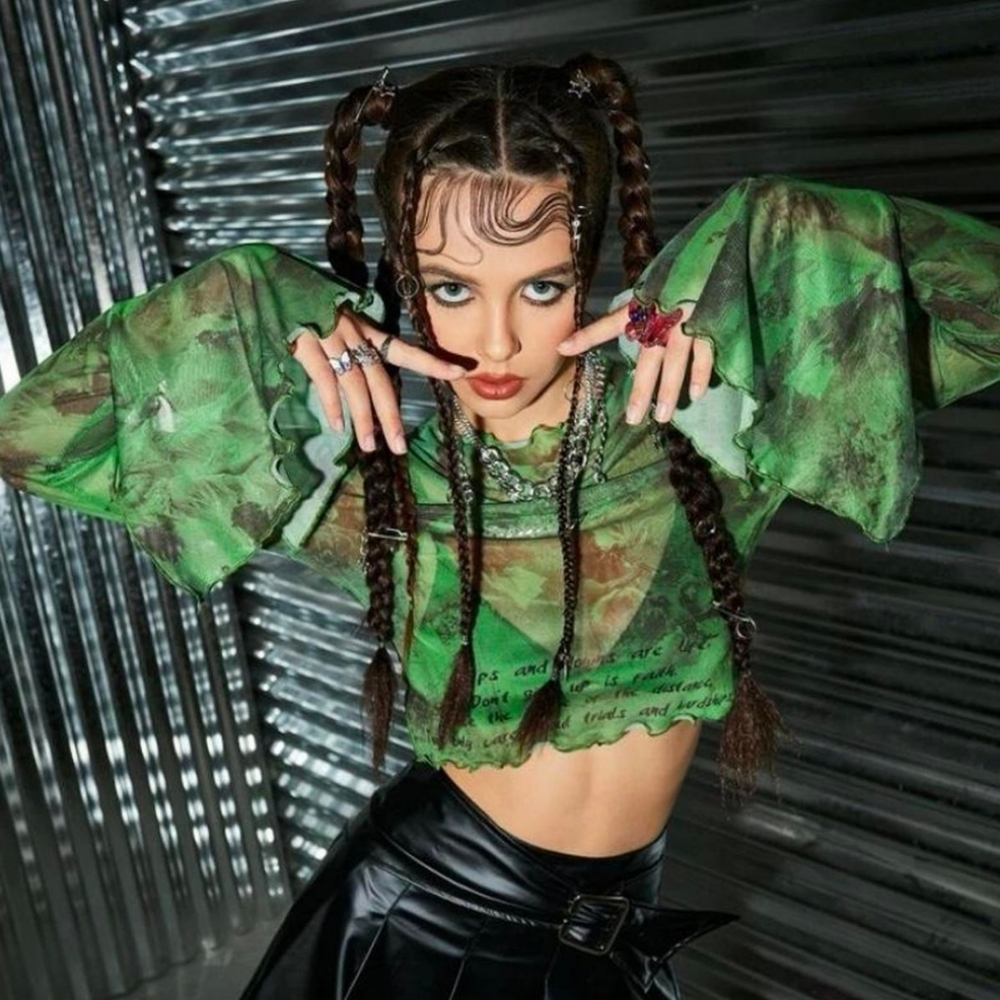 Fairycore bell sleeve mesh green top